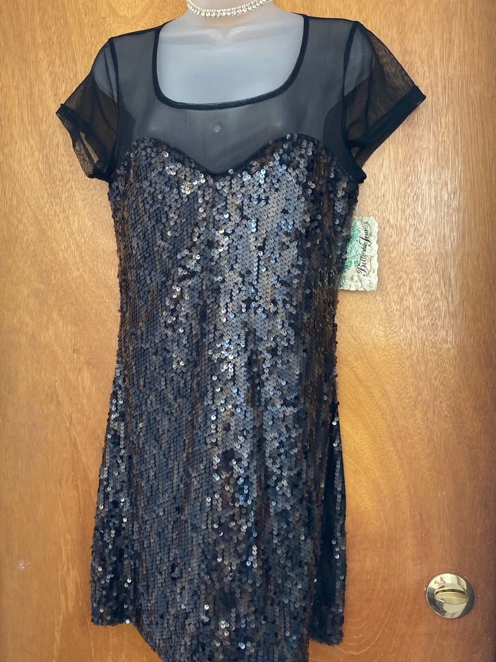 Belle Du Jour Black Sequin Mini Dress with Sheer Yoke